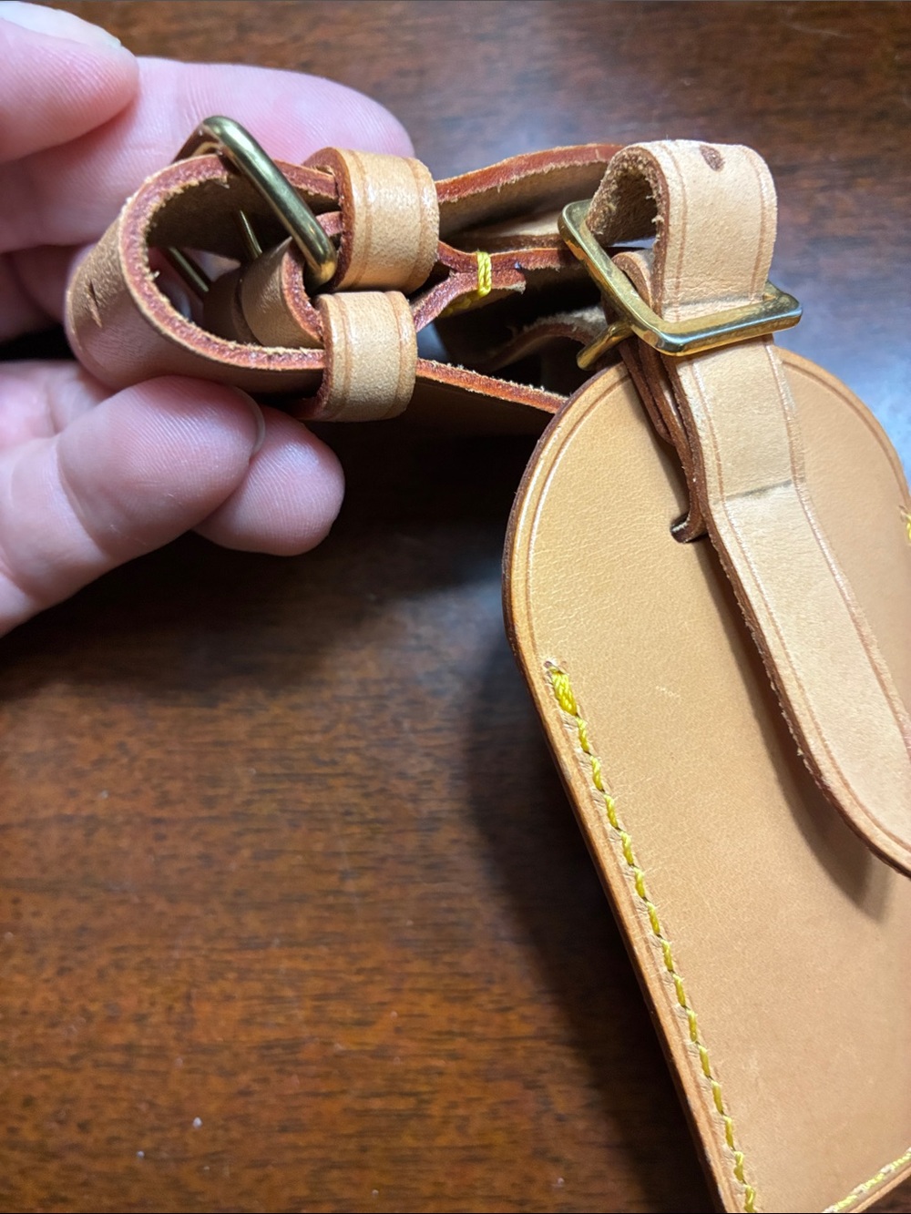 Louis Vuitton Tan Leather Luggage Tag with Yellow Stitching - Picture 4 of 5